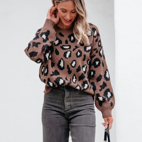 brown leopard print ribbed sweater 416709