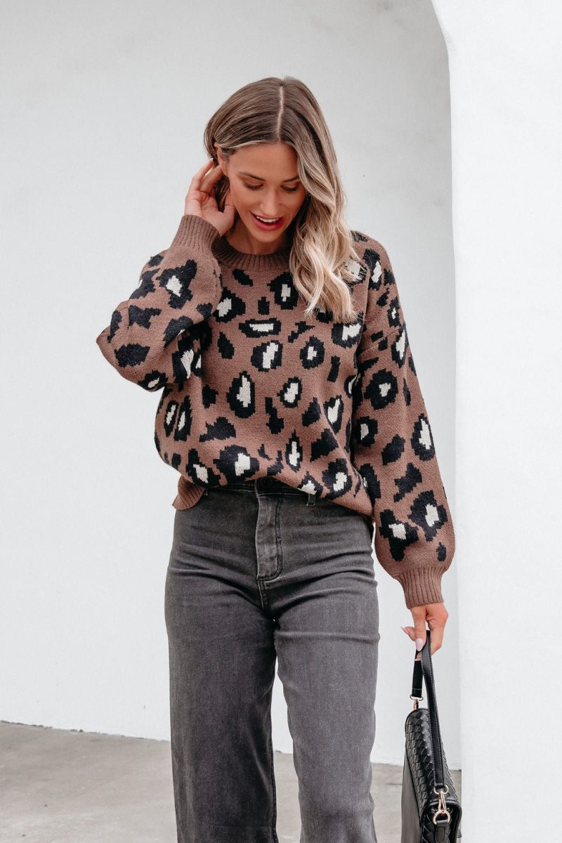 brown leopard print ribbed sweater 416709