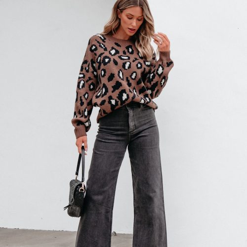 brown leopard print ribbed sweater 530705