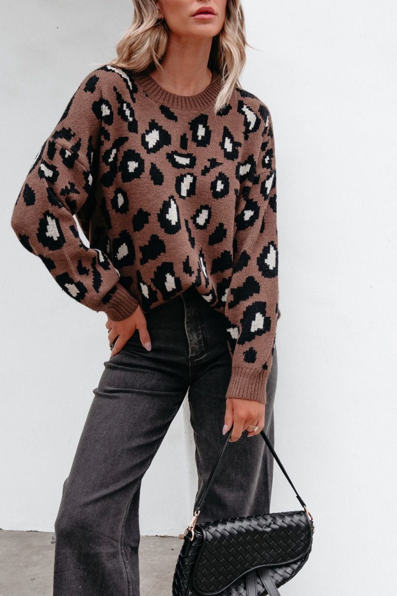 brown leopard print ribbed sweater 533837