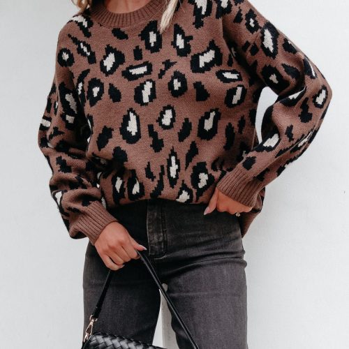 brown leopard print ribbed sweater 545379