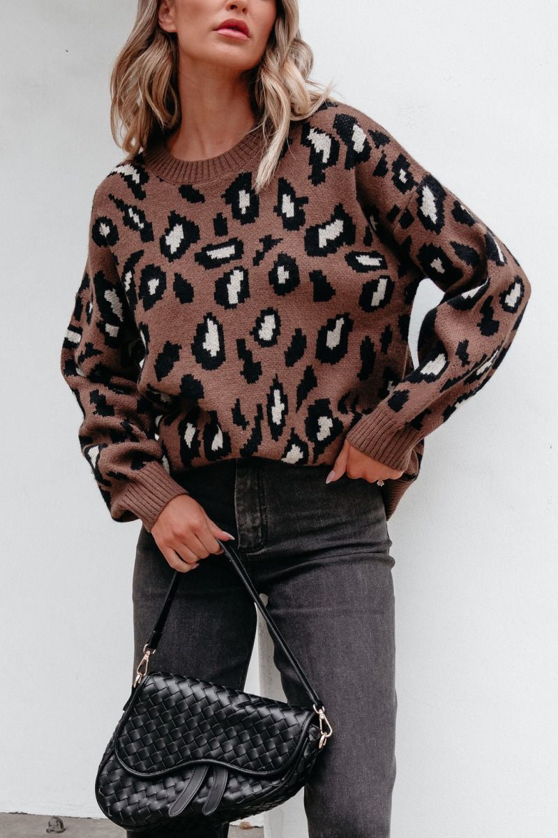 brown leopard print ribbed sweater 545379