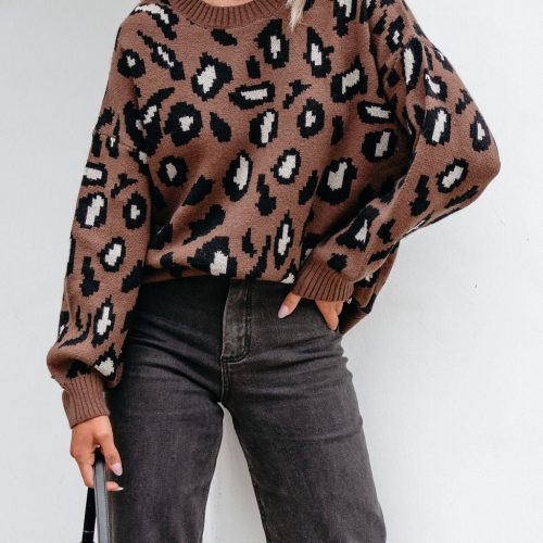 brown leopard print ribbed sweater 614049