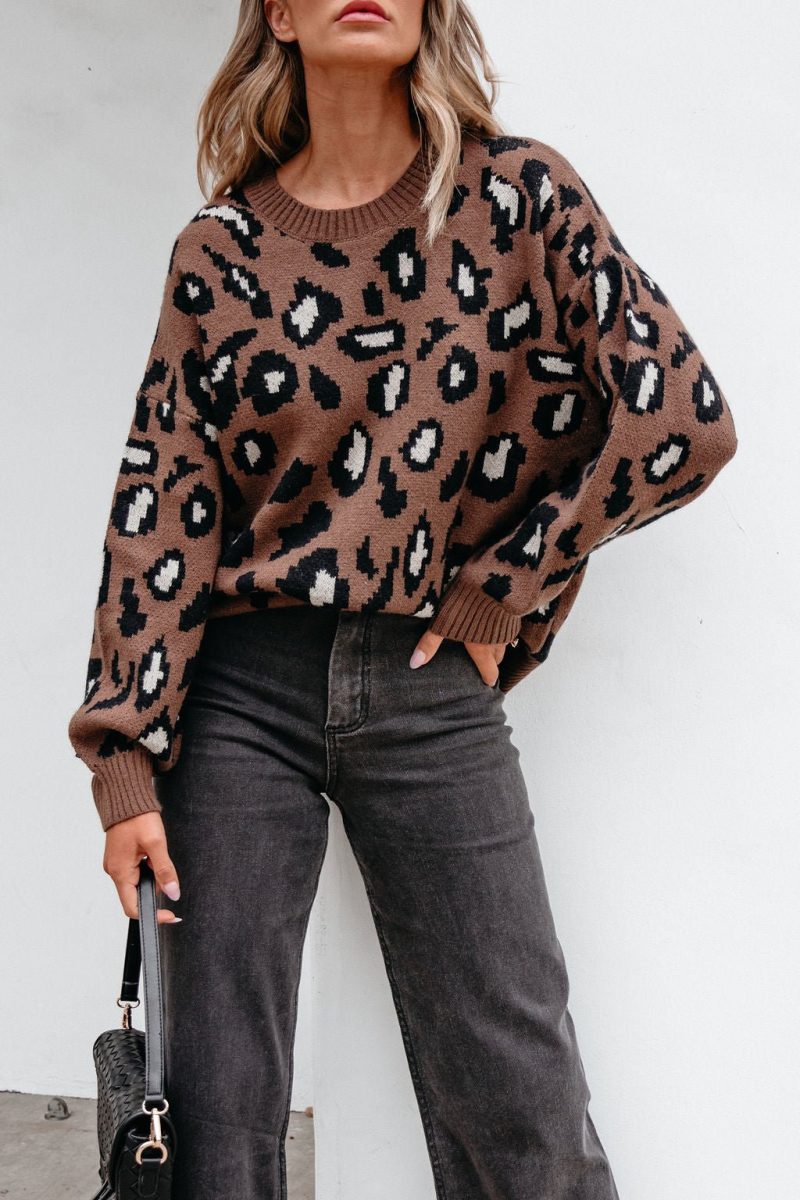 brown leopard print ribbed sweater 614049