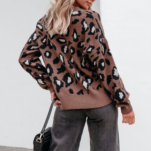 brown leopard print ribbed sweater 711791