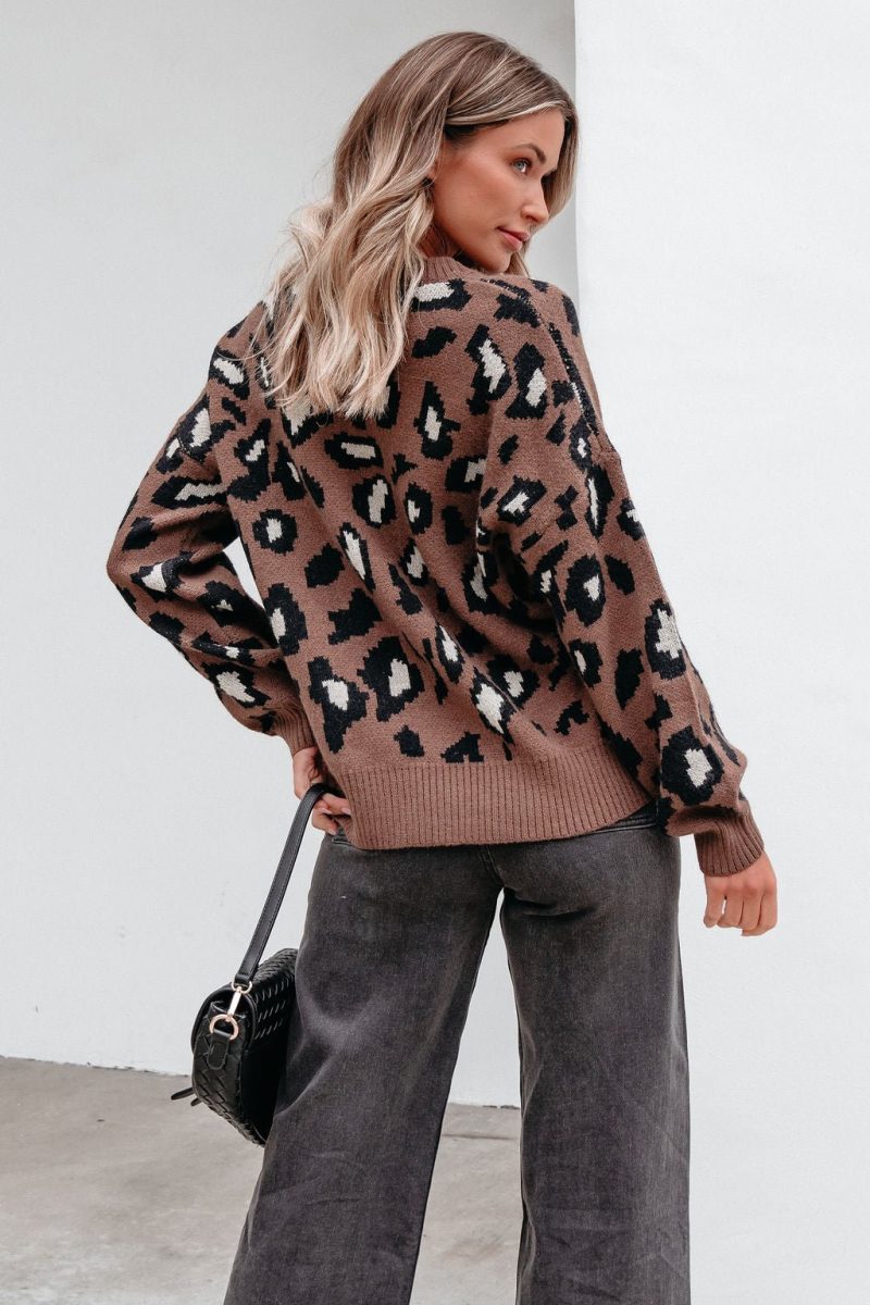 brown leopard print ribbed sweater 711791