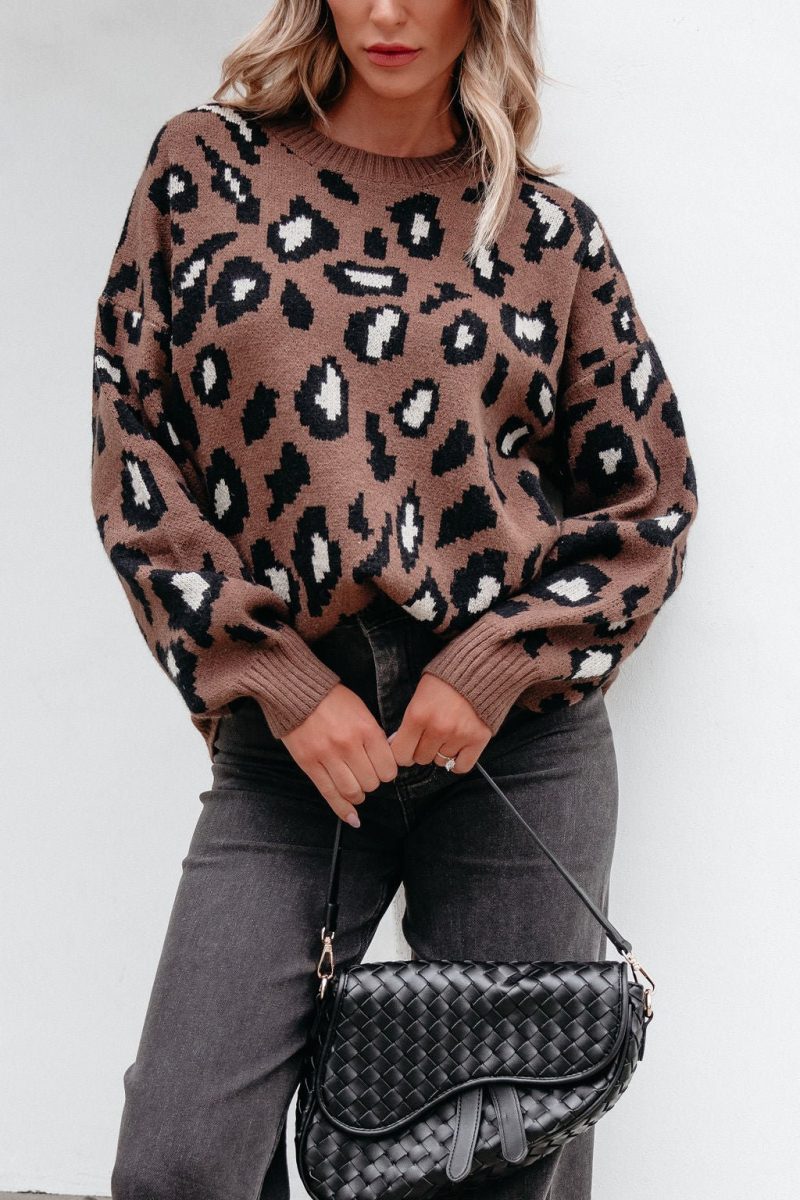 brown leopard print ribbed sweater 903364