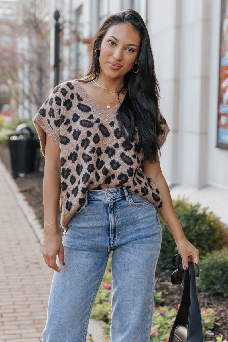 brown leopard print sweater vest pre order 472822