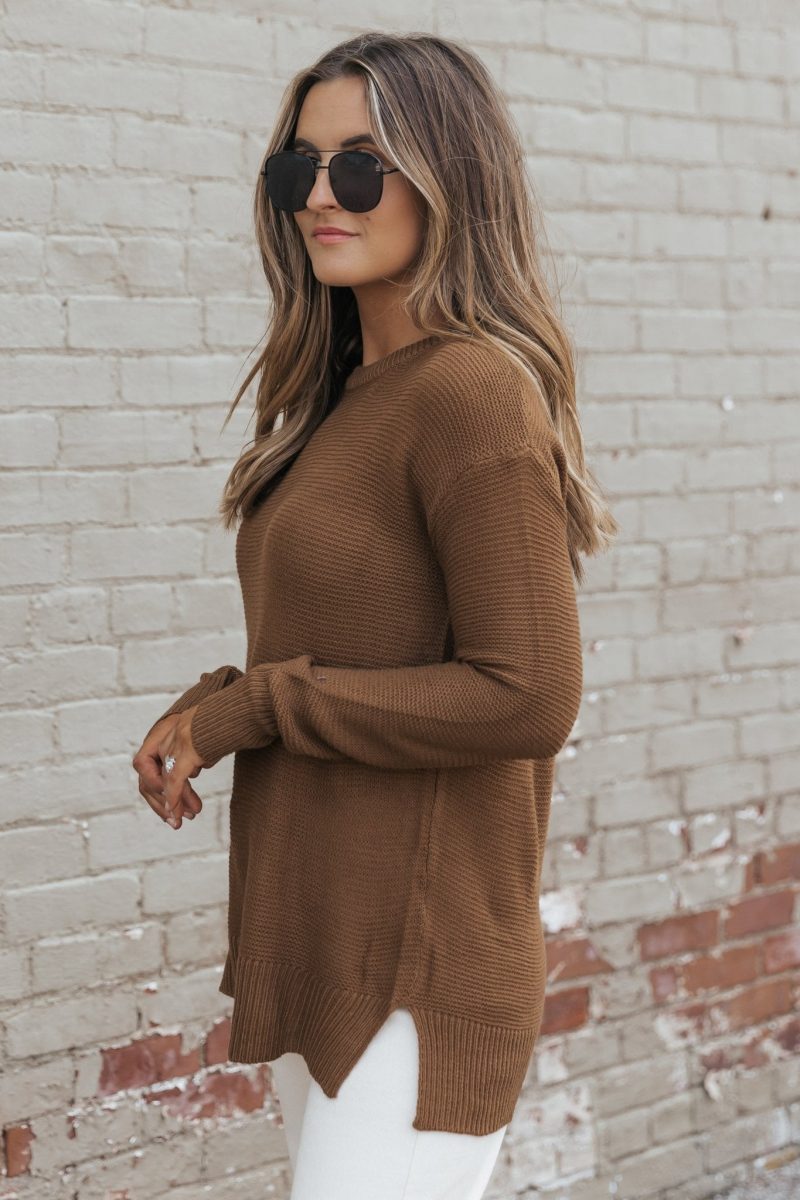 brown long sleeve ribbed sweater 689312