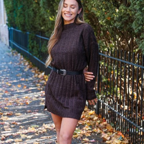 brown mock neck sweater dress 642526