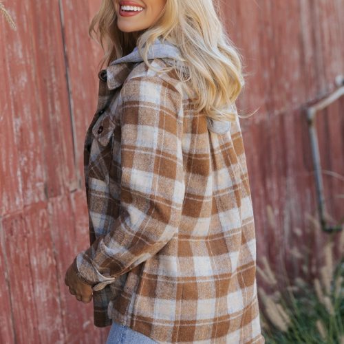 brown plaid hooded shacket 162180