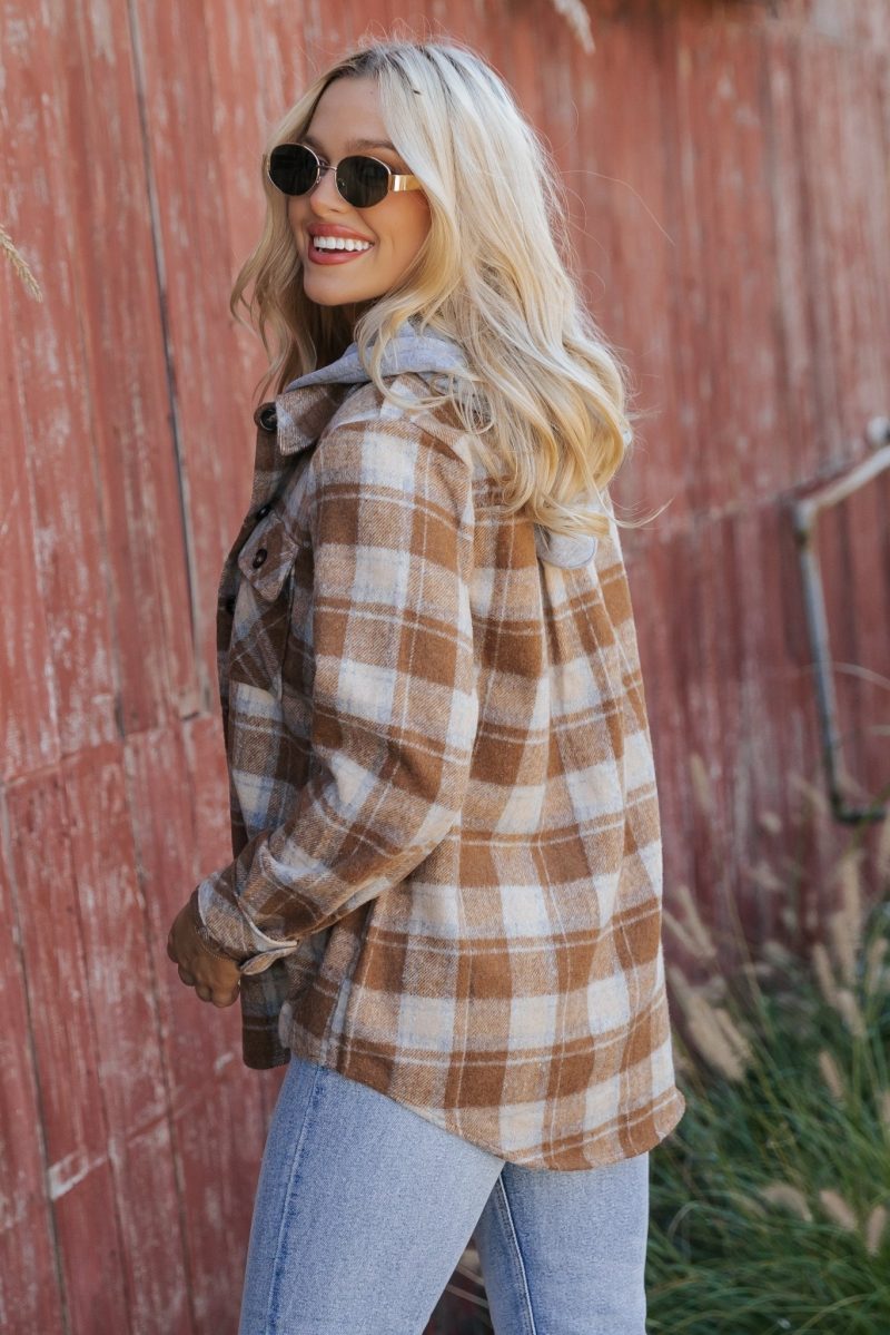 brown plaid hooded shacket 162180