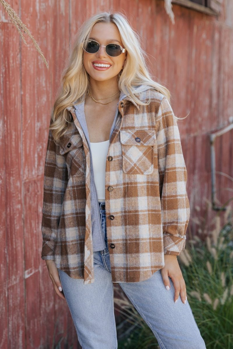 brown plaid hooded shacket 258458