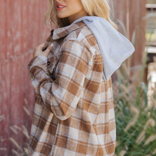 brown plaid hooded shacket 297423