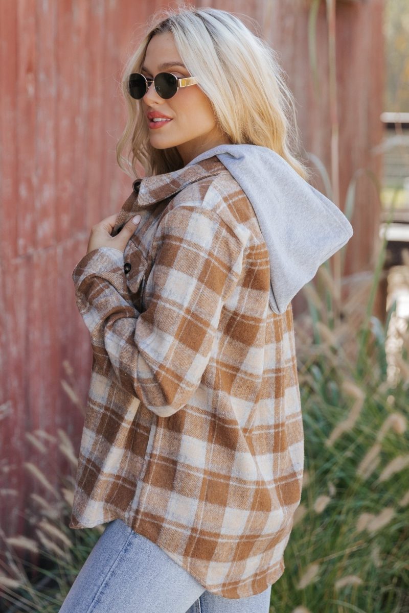 brown plaid hooded shacket 297423