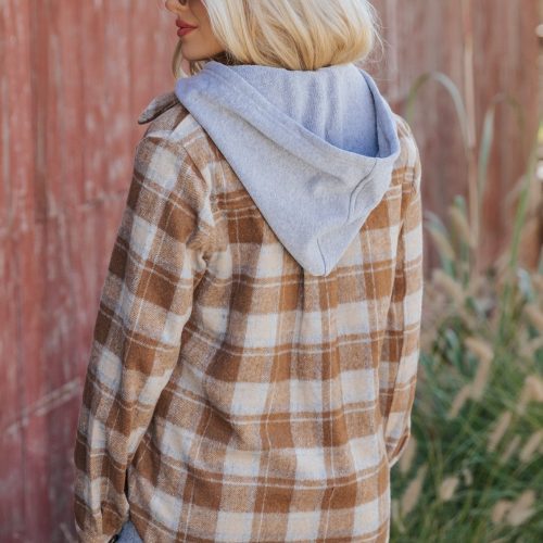 brown plaid hooded shacket 478342