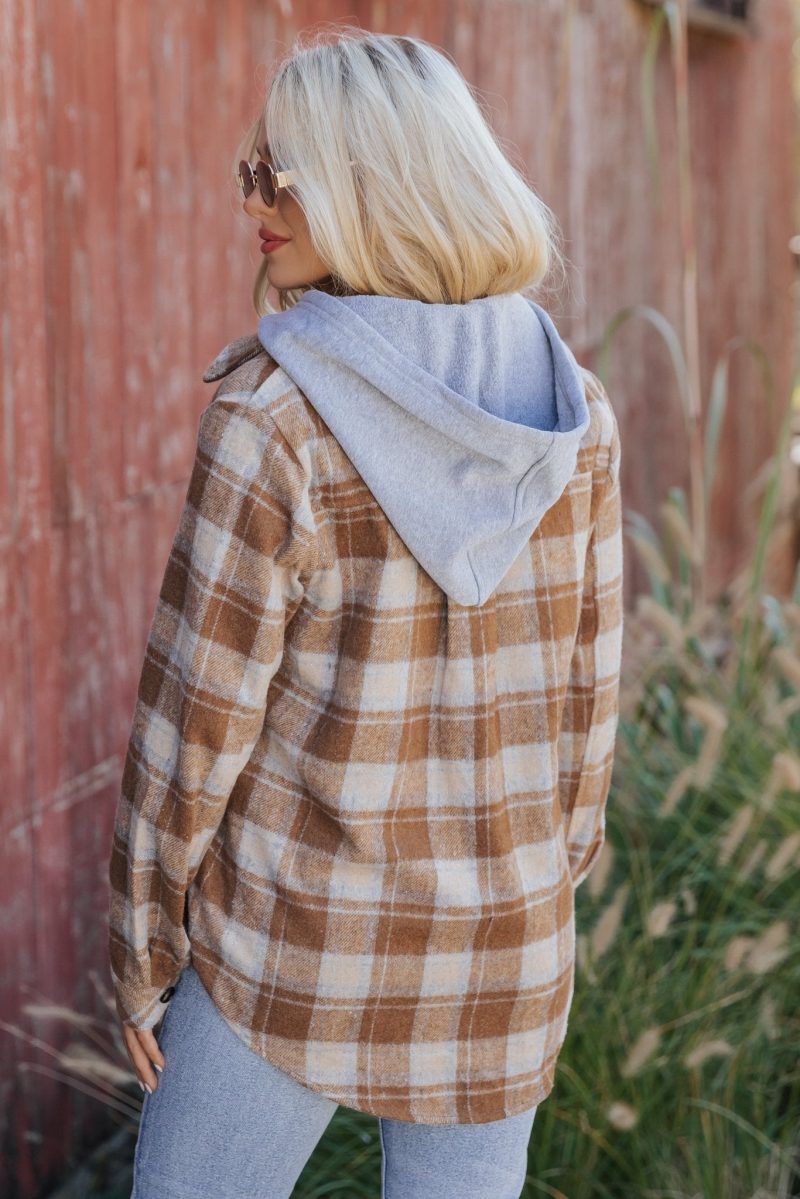 brown plaid hooded shacket 478342