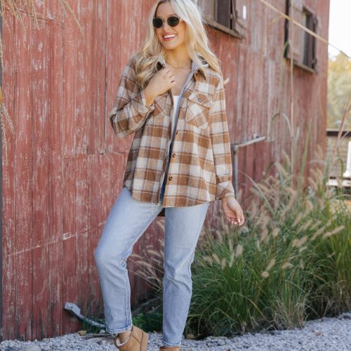 brown plaid hooded shacket 763700