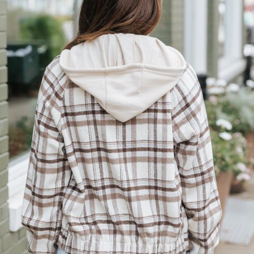 brown plaid hooded zip up jacket 441055