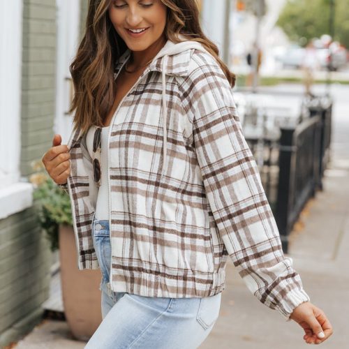 brown plaid hooded zip up jacket 614983