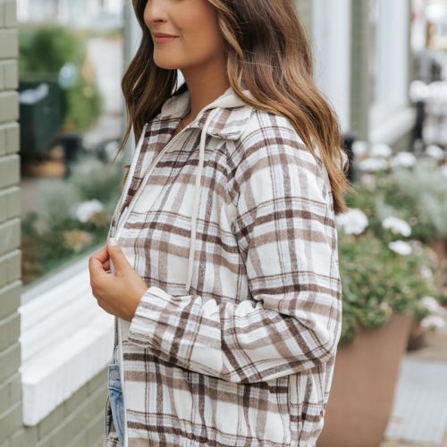 brown plaid hooded zip up jacket 957611