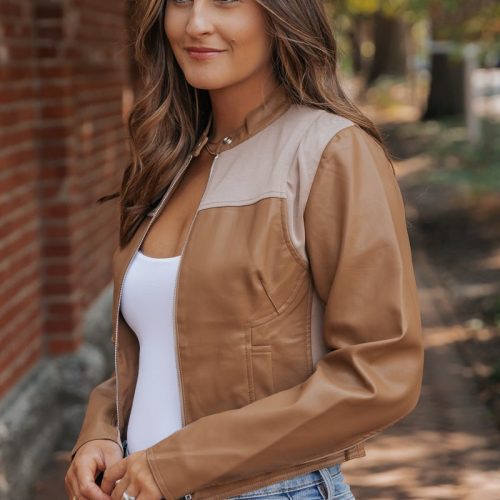 brown two tone faux leather jacket 480849