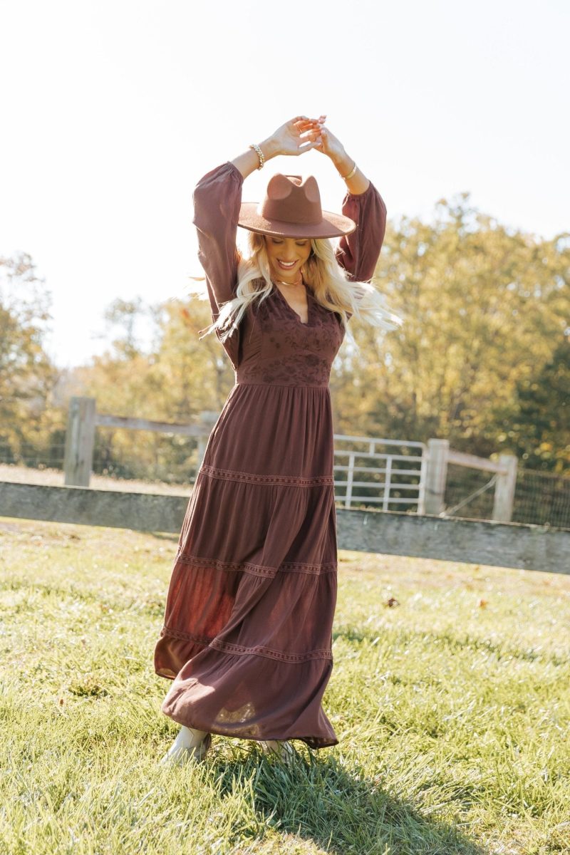 brown v neck embroidered maxi dress 214861