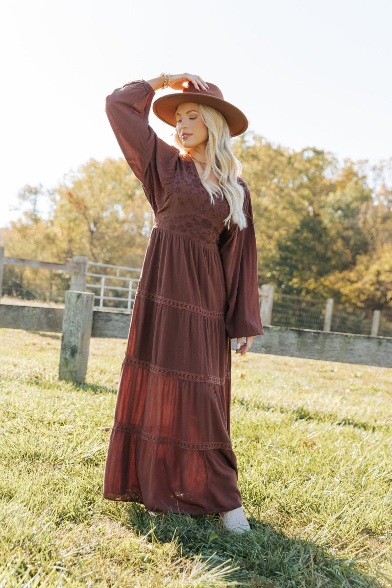 brown v neck embroidered maxi dress 252239