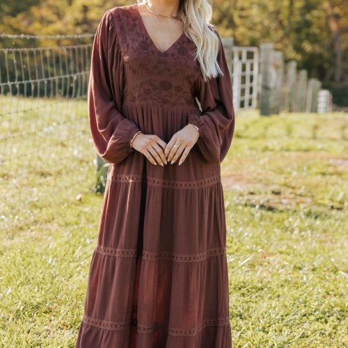 brown v neck embroidered maxi dress 325422