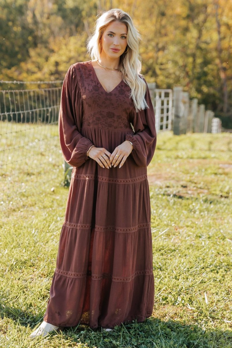 brown v neck embroidered maxi dress 325422