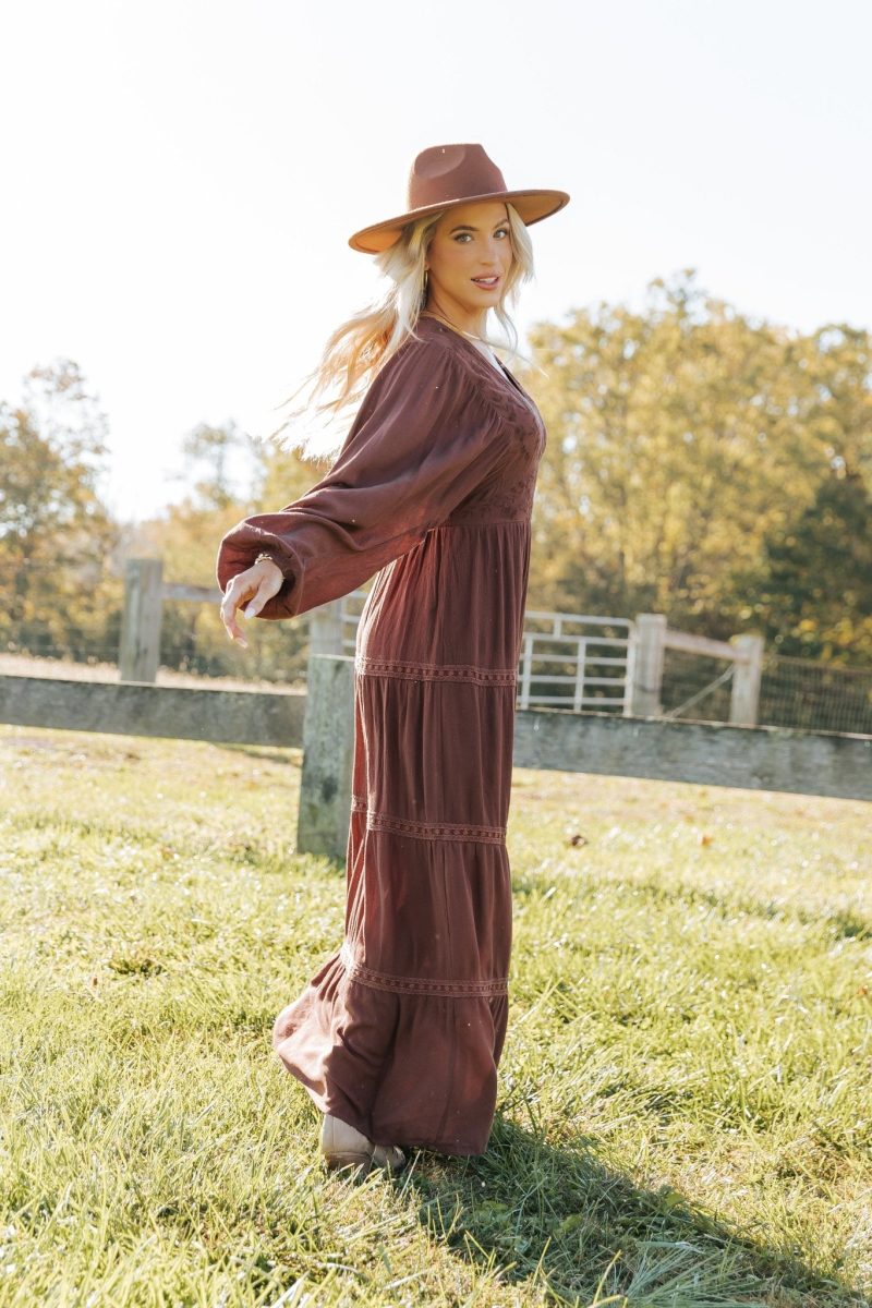 brown v neck embroidered maxi dress 418698