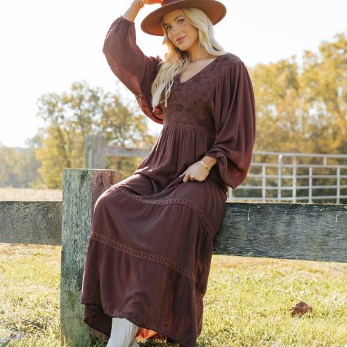 brown v neck embroidered maxi dress 507294