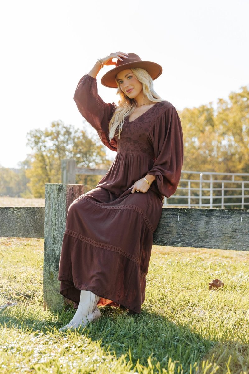 brown v neck embroidered maxi dress 507294