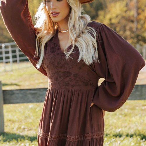 brown v neck embroidered maxi dress 821150