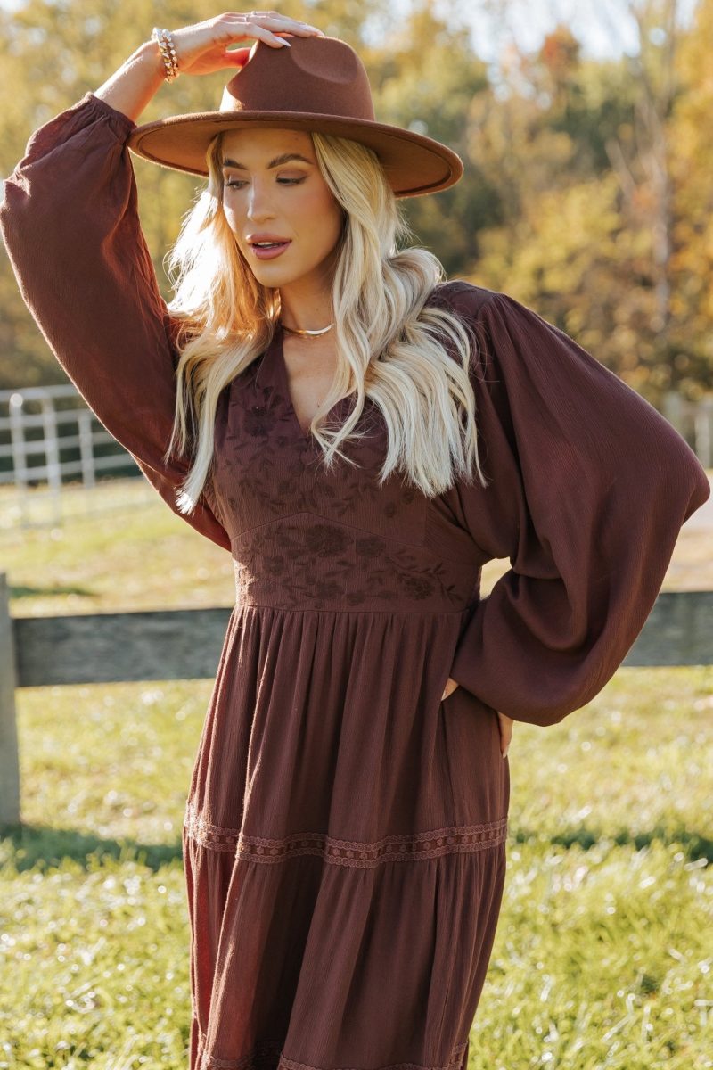 brown v neck embroidered maxi dress 821150