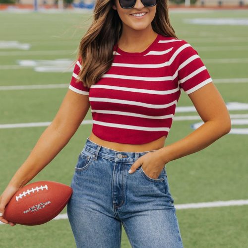 burgundy and white striped cropped sweater 302395