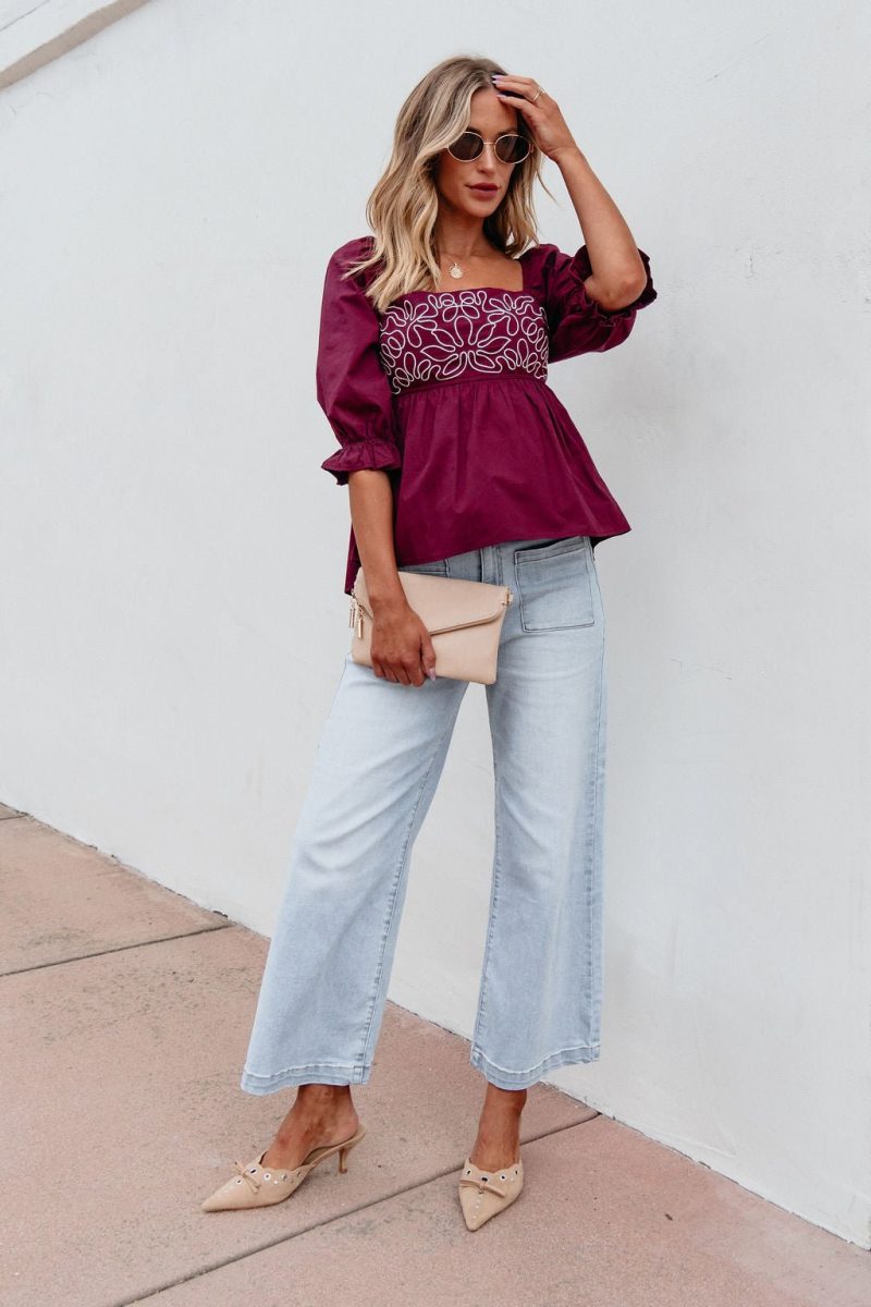 burgundy floral print textured blouse 148187