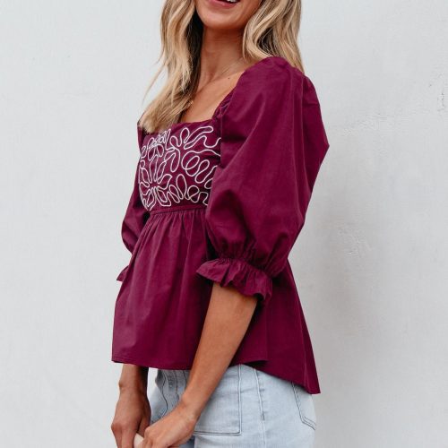 burgundy floral print textured blouse 296567