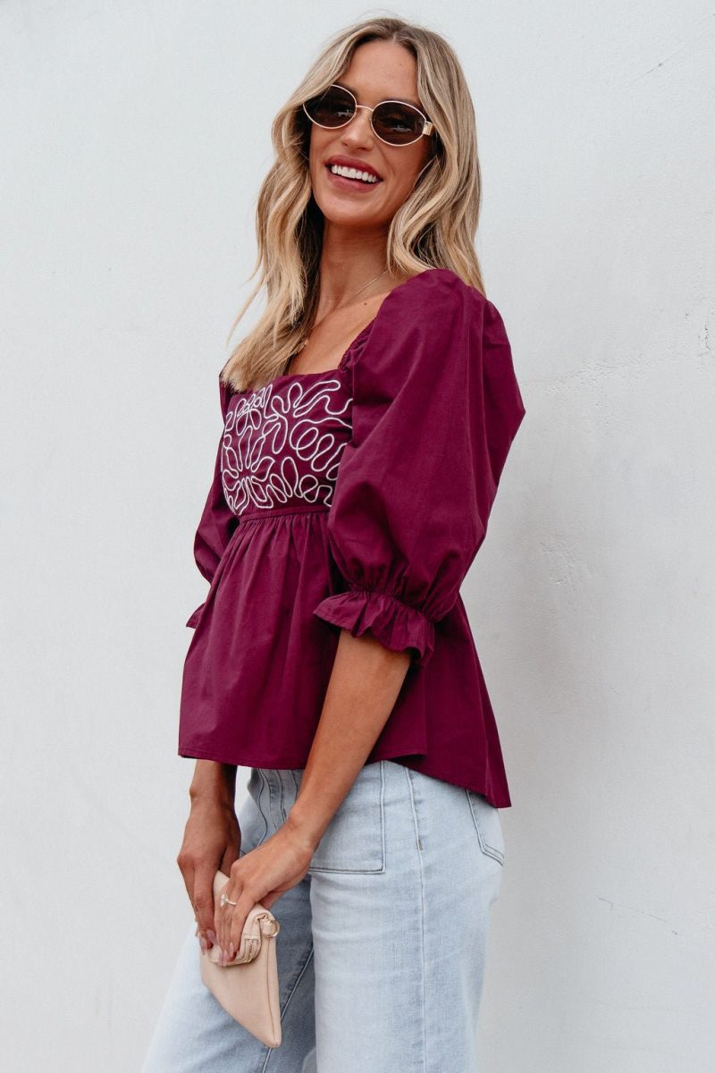 burgundy floral print textured blouse 296567