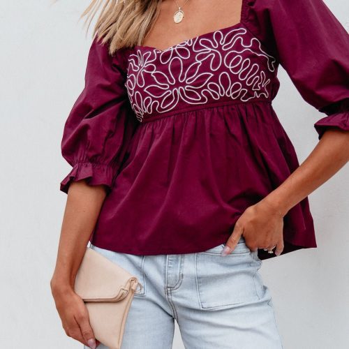 burgundy floral print textured blouse 374427