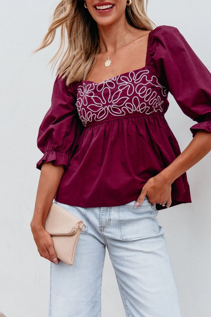 burgundy floral print textured blouse 374427