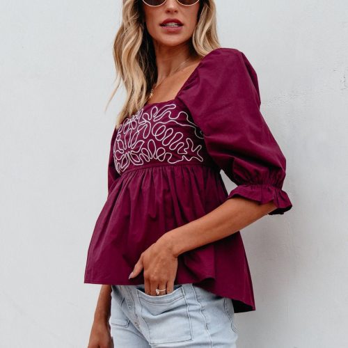 burgundy floral print textured blouse 462918