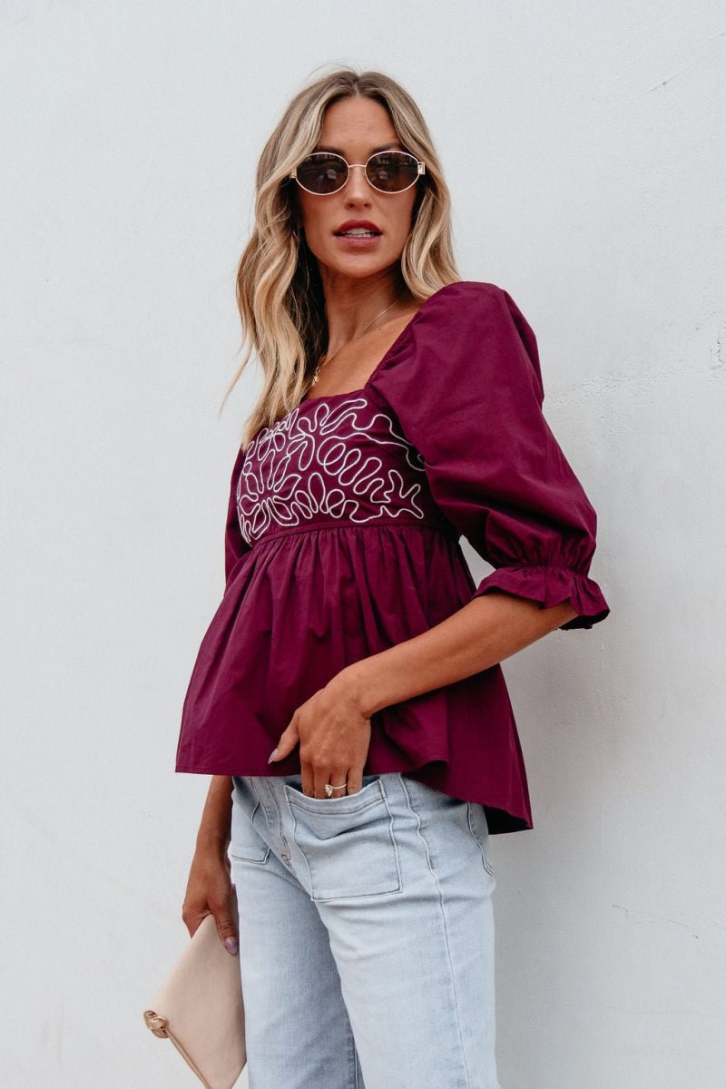 burgundy floral print textured blouse 462918