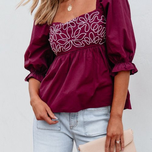 burgundy floral print textured blouse 633896