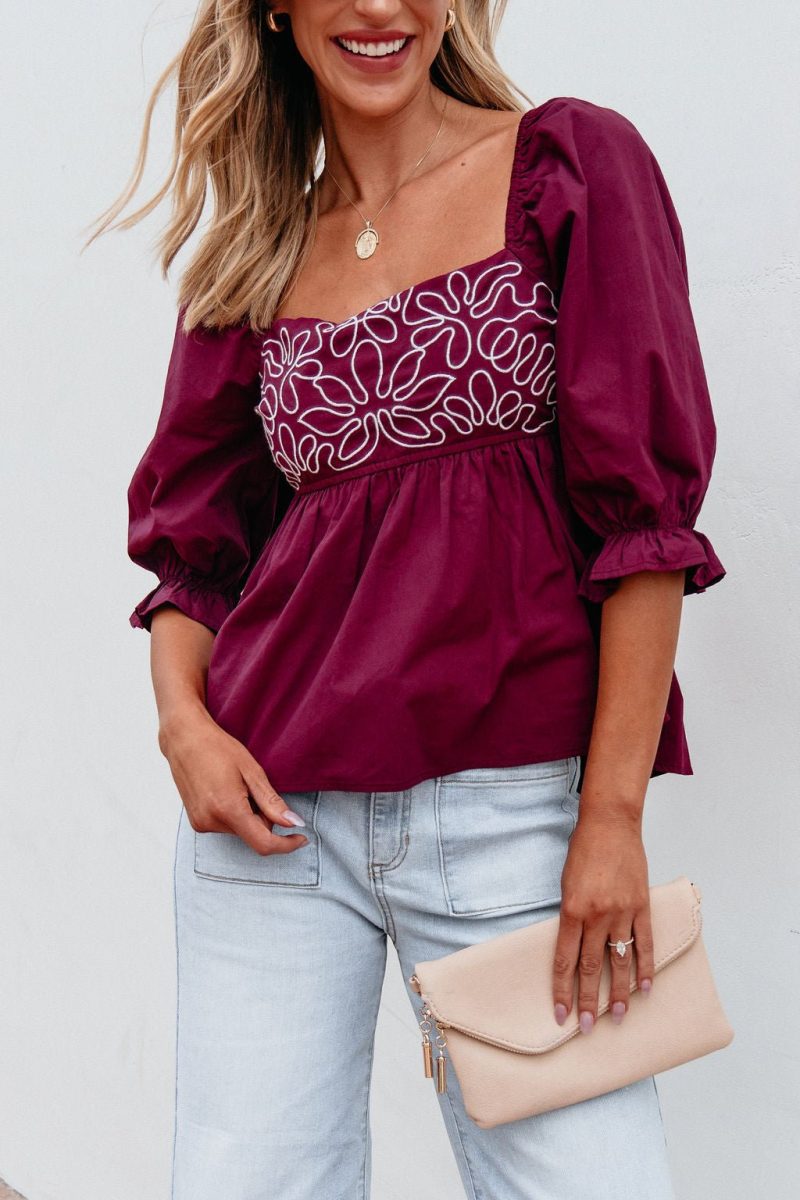 burgundy floral print textured blouse 633896