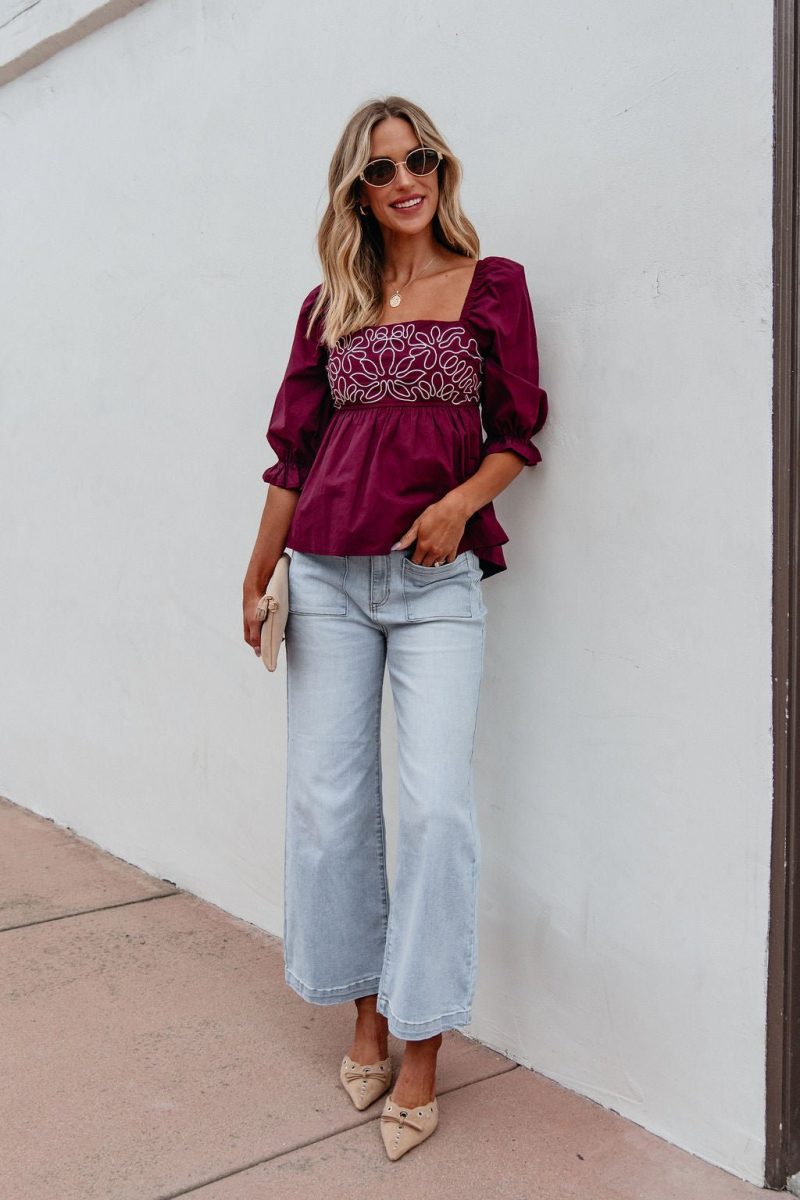 burgundy floral print textured blouse 788943