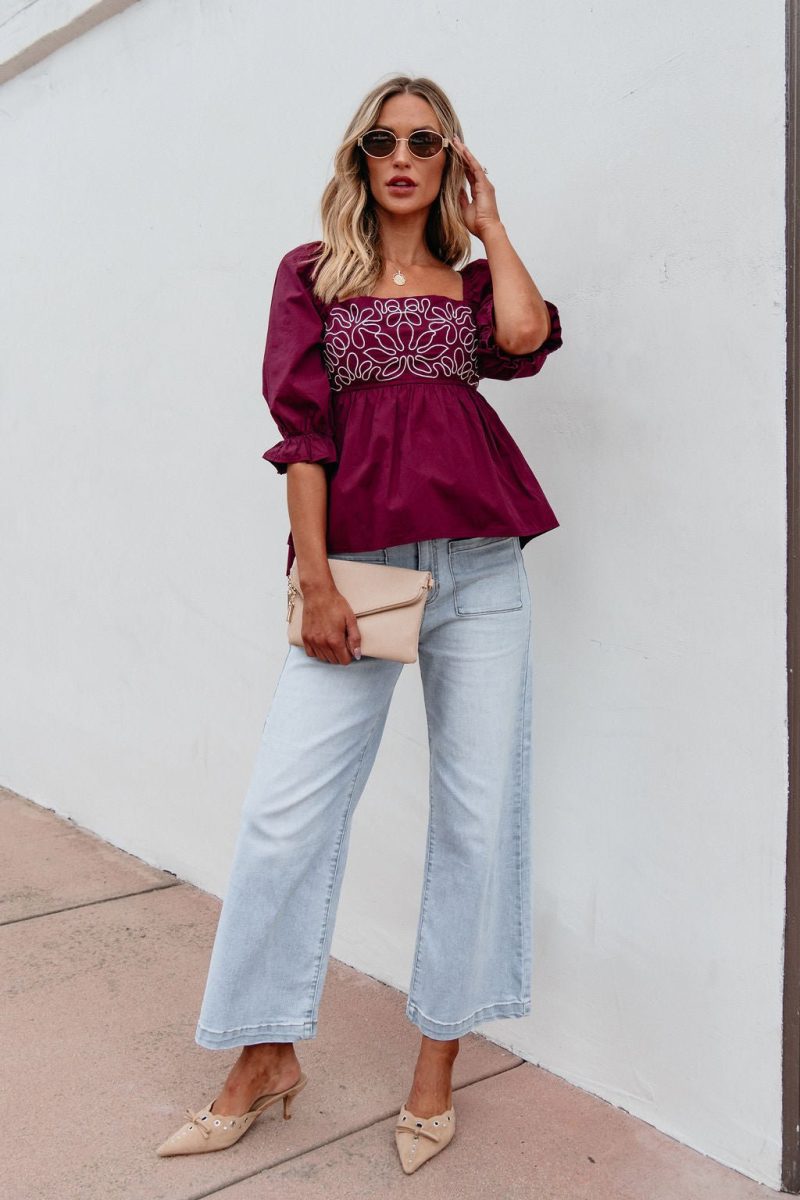 burgundy floral print textured blouse 902056