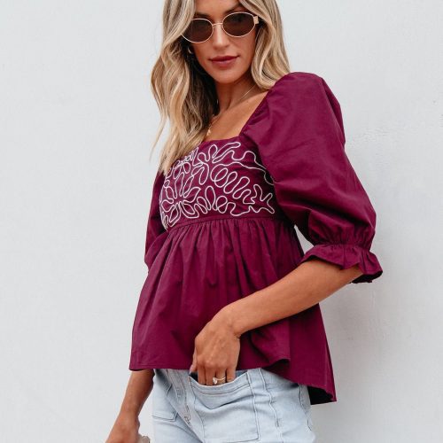 burgundy floral print textured blouse 924725