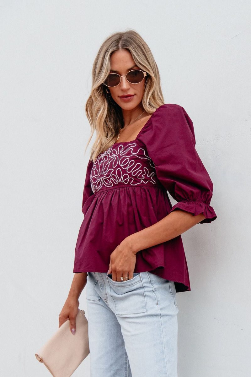 burgundy floral print textured blouse 924725