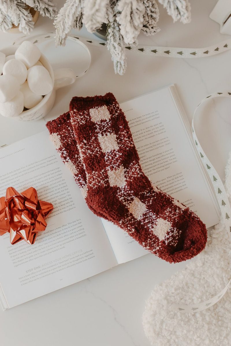 burgundy gingham plaid fuzzy socks 747713